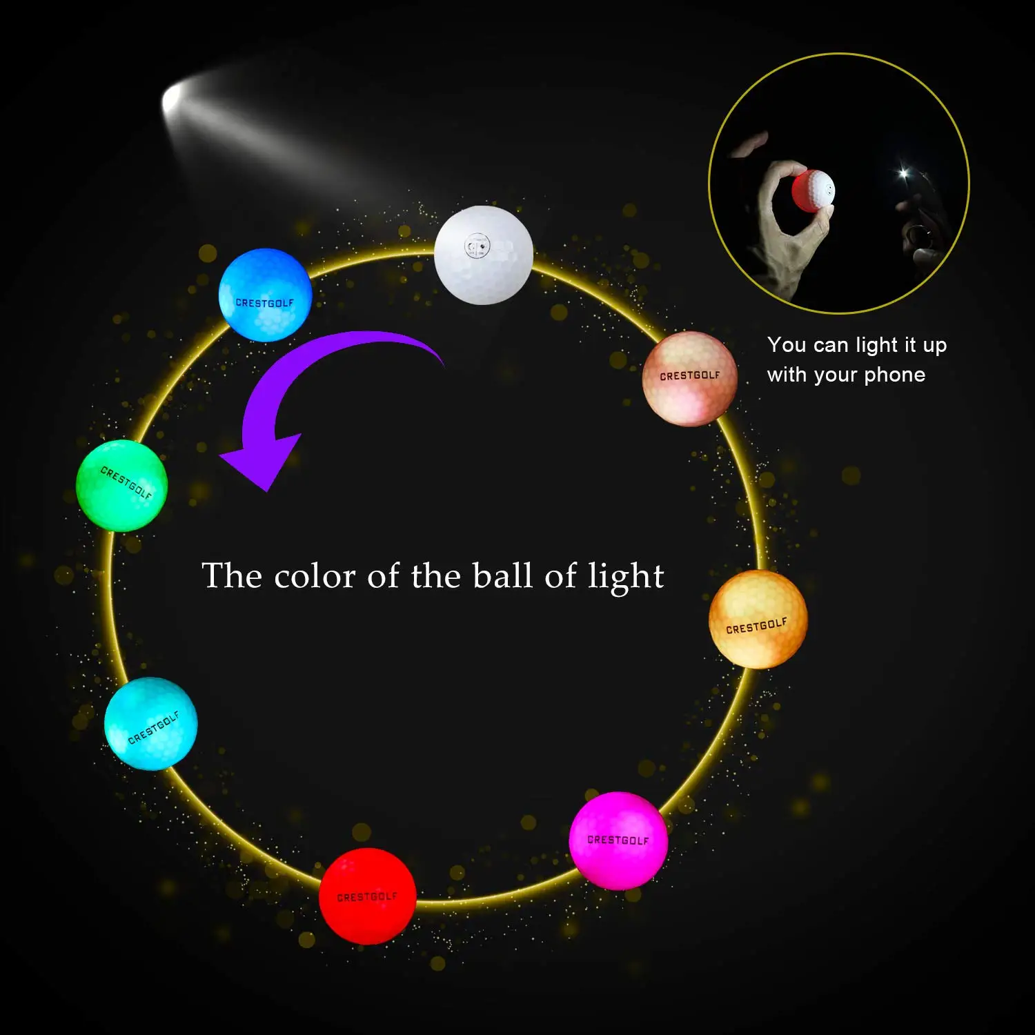 Bola de golfe de crestgolf com logotipo 3 pces/6 pces/10 pces/30 unidades/pacote fulgor da luz da noite conduziu a bola de golfe-seis cores para sua escolha