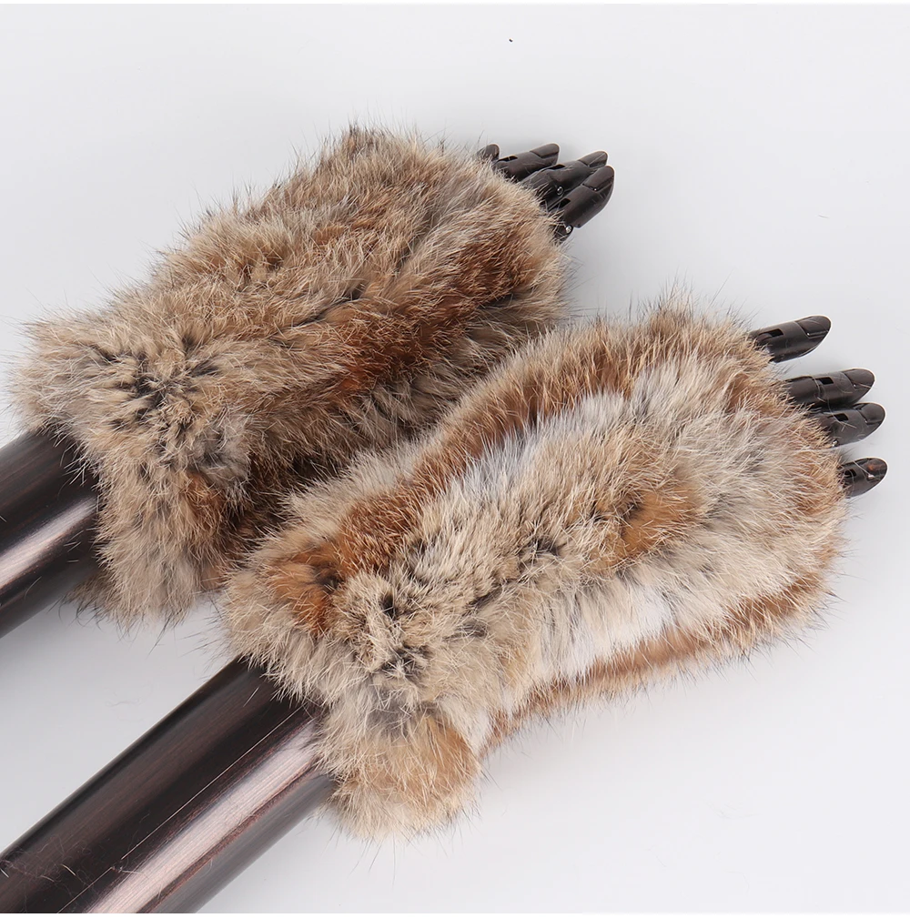 New Women 100% Real Genuine Knitted Rex Rabbit Fur Mittens Winter Warm Lady Real Fur Fingerless Gloves Handmade Knit Fur Mitten