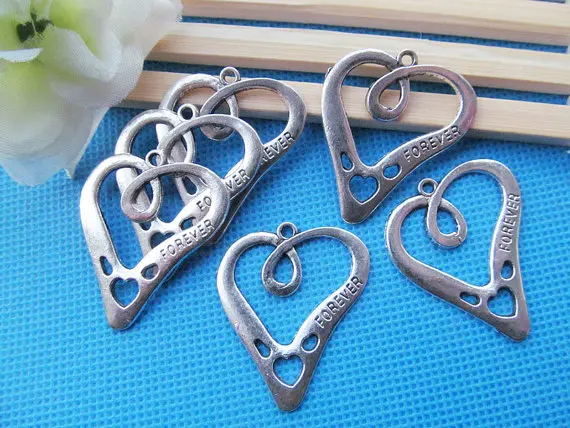 10pcs Antique Silver Filigree Hollow Heart Frame,Embedded Heart FOREVER,Connector Pendant Charm/Finding,DIY Jewelry Accessory