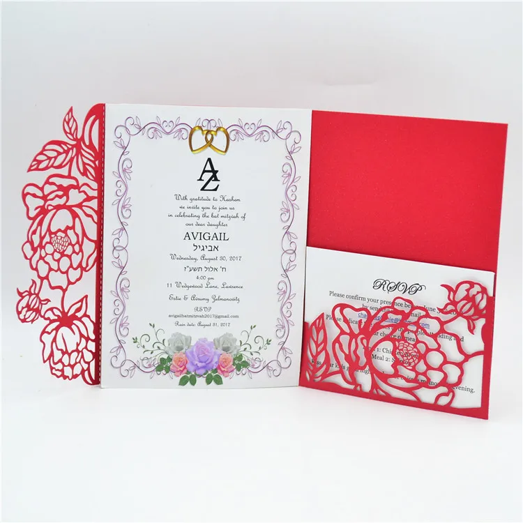 

Romantic floral laser cut pocket folded wedding card invitations