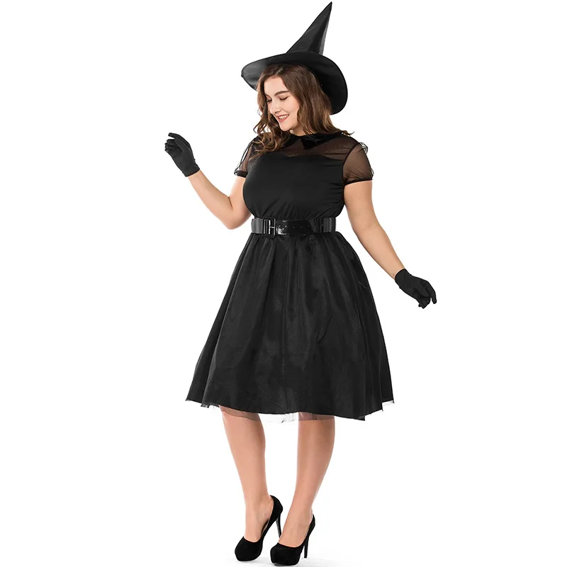 Adult Women Mother Kids Girls Gothic Halloween Morticia Addams Ghost Witch Costume Horror Black Floor Yarn Dress Gown + Hat