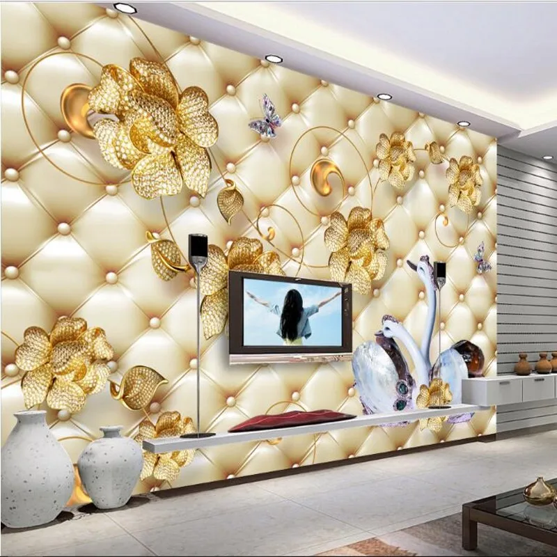 

wellyu Custom large - scale murals luxury jewelry flowers white swan soft package 3D TV background wall non - woven wallpaper