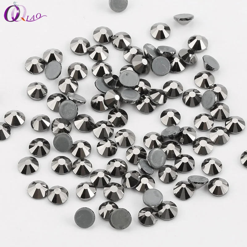 QIAO Jet Hematite Hot Fix Rhinestones Crystal Glass Iron On Rhinestones For Clothes Wedding Decoration SS6-SS30