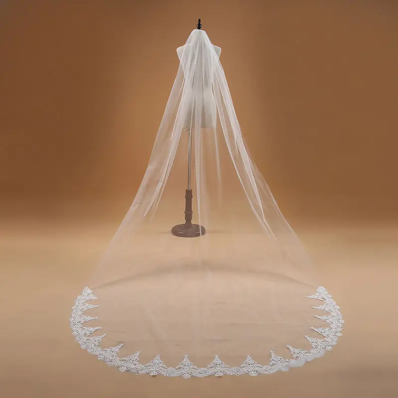 Véu de noiva 3m com uma camada, véu de casamento branco marfim, comprimento catedral, apliques, feito sob encomenda com pente