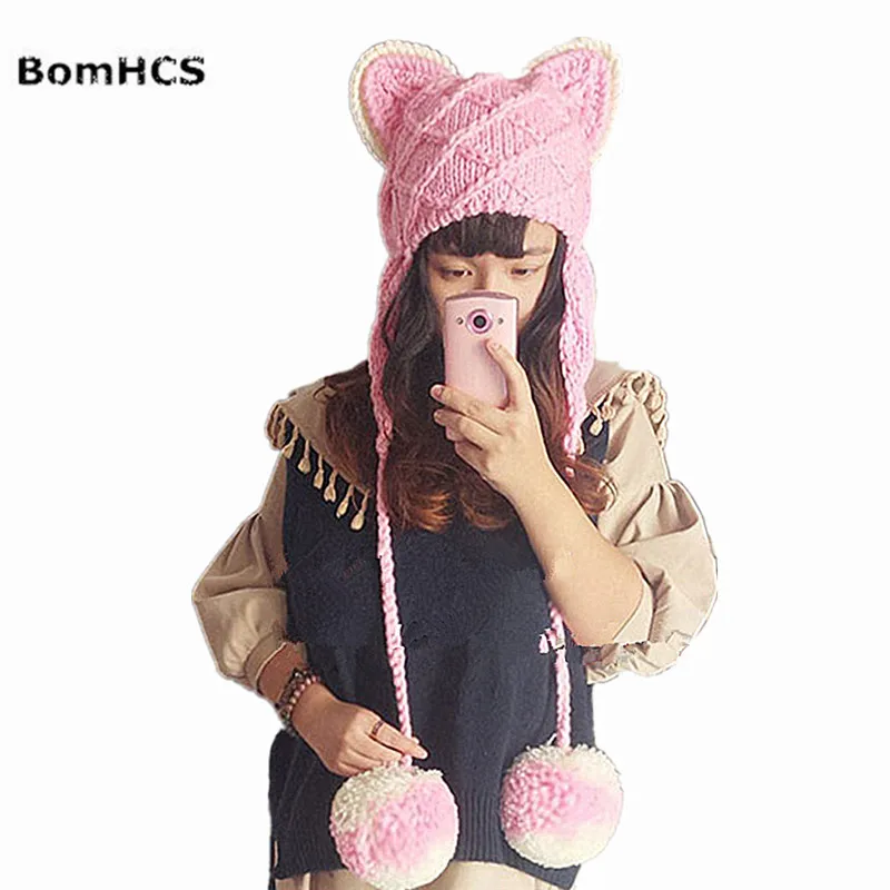 BomHCS Pink Cute Cat Ears Beanie Women Winter Warm Handmade Knitted Hat