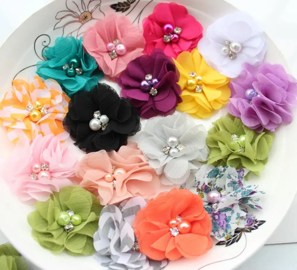 

35pcs Soft Chiffon Flowers with pearls and rhinestones- Fabric Flowers, Chiffon Flowers,Perfect for Baby headbands,