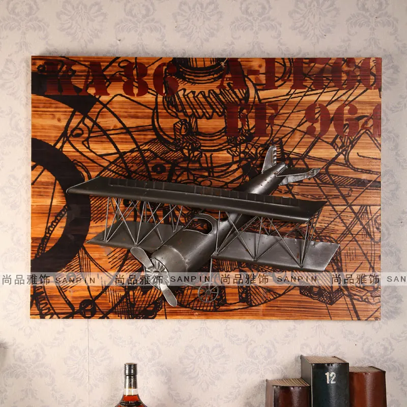 

American country style wrought iron decorative wall retro industrial model aircraft dimensional decorative painting paintings wa
