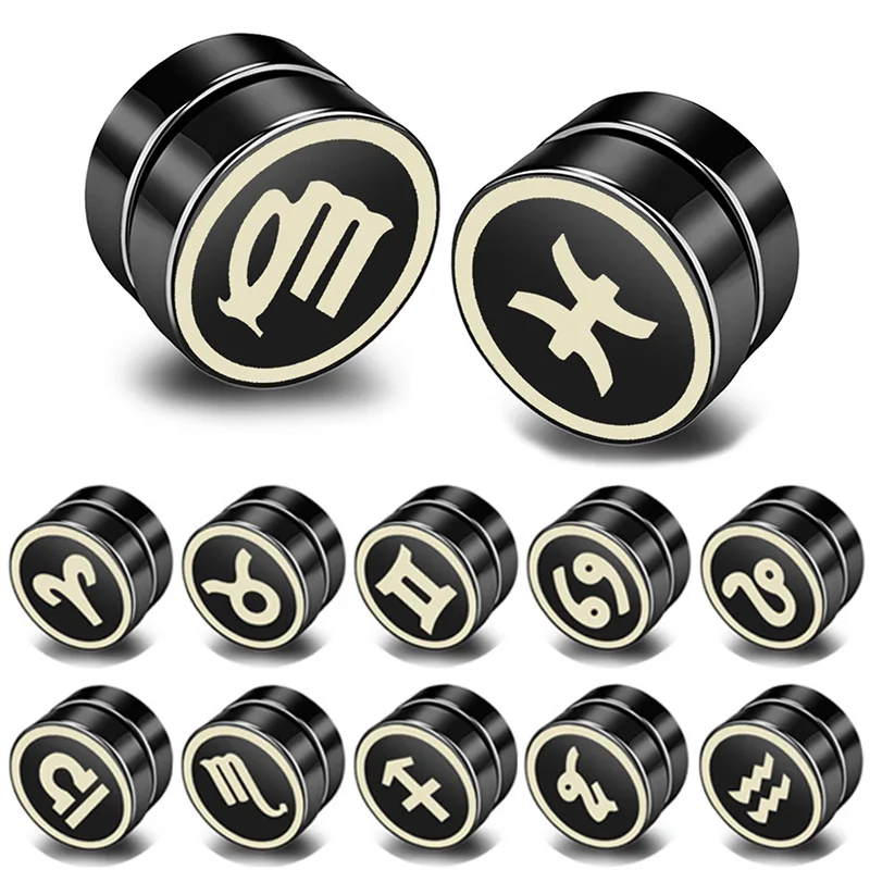 1piece Stainless Steel Jewelry Strong Magnet Magnetic Health Care Ear Stud Non Piercing Earrings 12 Constellation Punk Mens Gift