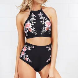 Czarny Retro Kobiety Wysoka Talia Seksowny Dwuczęściowy Zestaw Bikini Halter Kwiatowy Nadruk Bandaż Strój Kąpielowy Kobiety Kąpielówki Push Up Strój Kąpielowy