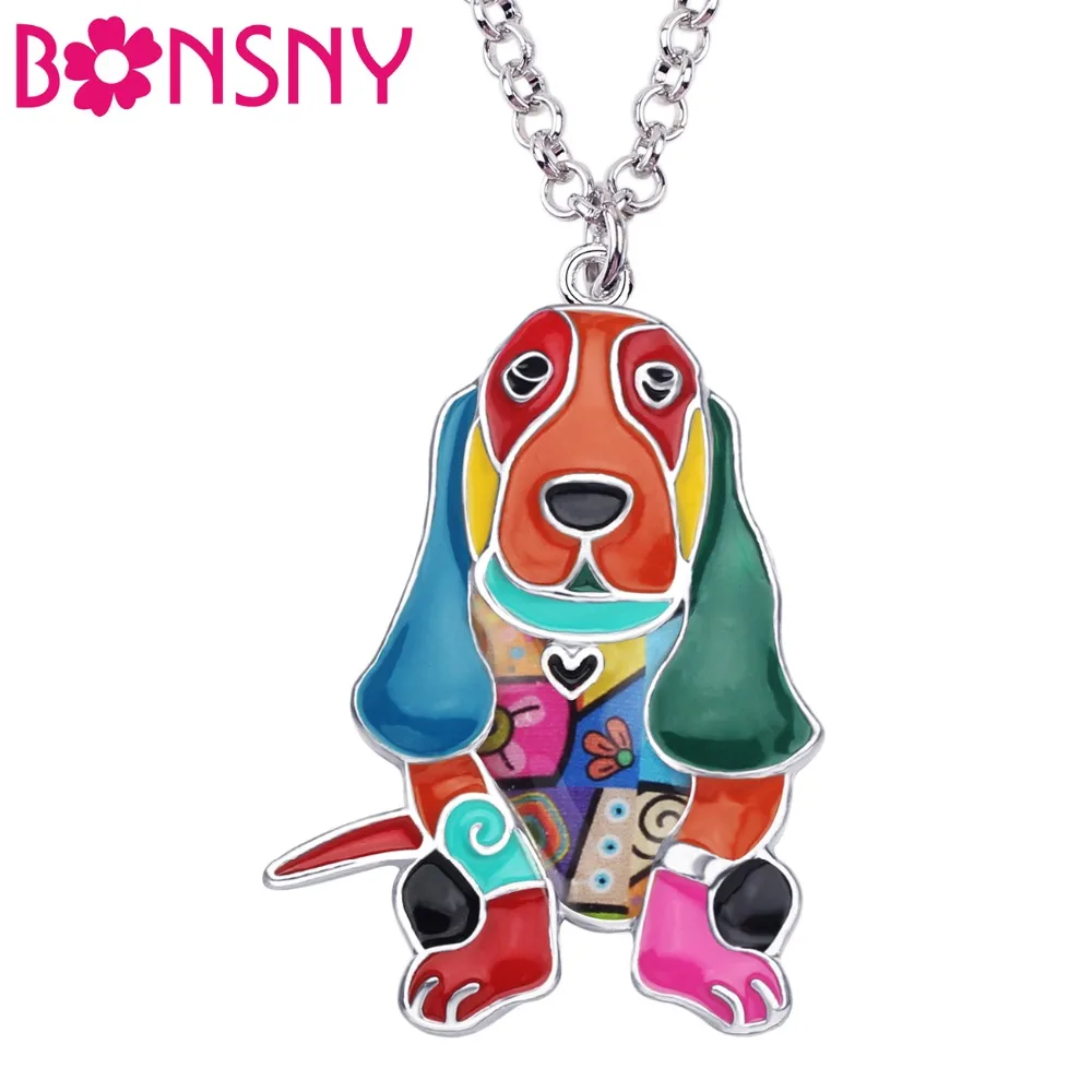 Bonsny Statement Alloy Enamel Basset Hound Dog Necklace Choker Chain Collar Pendant Novelty Animal Jewelry For Women Girl Ladies