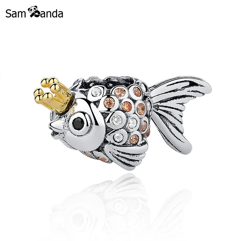 Asli 100% 925 Sterling Silver Manik Pesona Halus Crown Ikan Mas Manik-manik Cocok Pandora Asli Gelang DIY Fine Perhiasan Hadiah