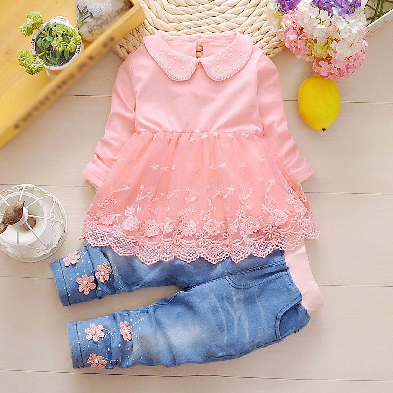 小さな女の子のためのデニムの服のセット,3ピース,長袖tシャツ,デニムジャケットとパンツ,春秋