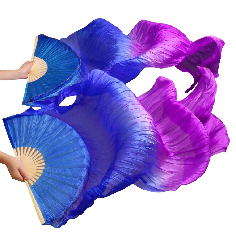 High Quality 100% Real Silk Veils 1 Pair Handmade Dyed Women Belly Dance Silk Fans Dabce Performance Props Blue+Purple 180*90 cm