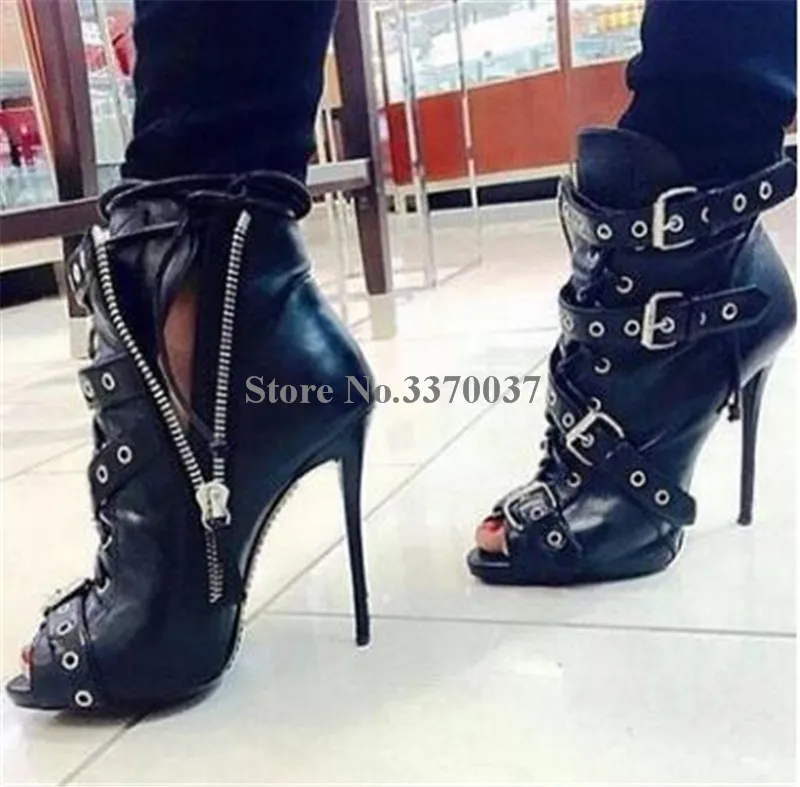 

New Fashion Women Brand Style Peep Toe Black Leather Zipper-up Thin Heel Short Boots Buckles Rivet High Heel Ankle Boots