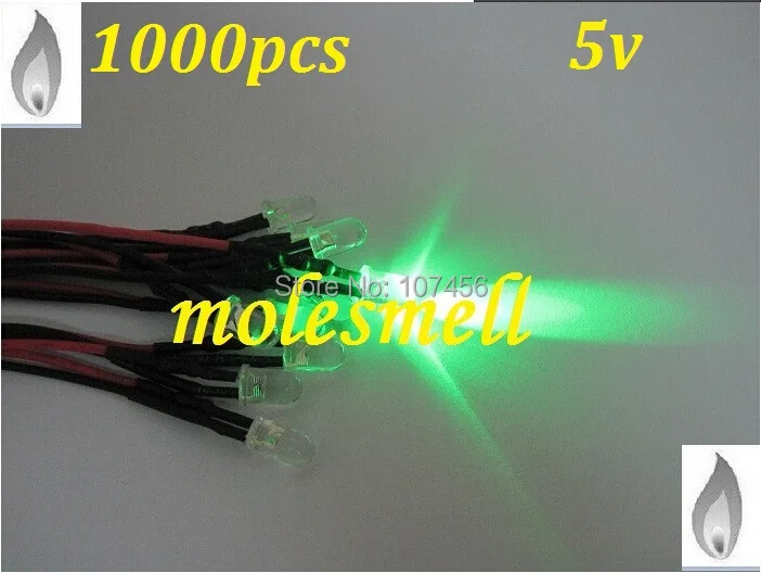 

Free shipping 1000pcs 5mm green Flicker 5V Pre-Wired Water Clear LED Leds Candle green Light 20CM