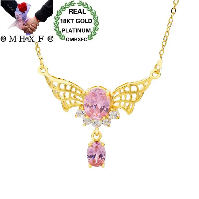 

MHXFC Wholesale European Fashion Female Party Wedding Gift Pink White Angel Wing Zircon Real 18KT Gold Pendant Necklace NL142