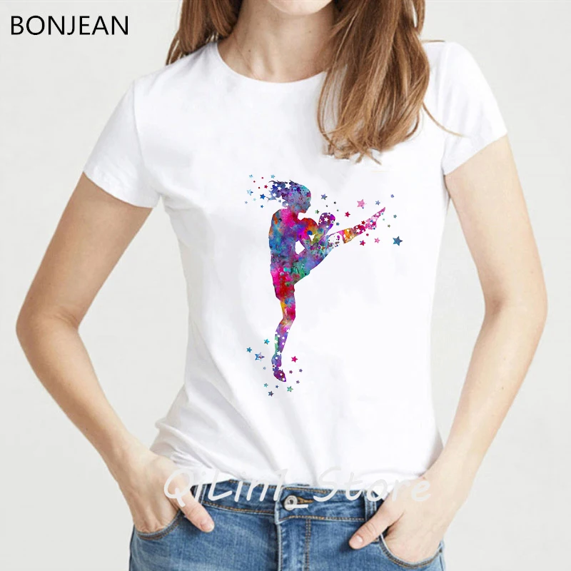 Korean Clothes Watercolor Thai Boxing Girl Print T Shirt Women White Harajuku Tee Shirt Femme Summer Fashion T-Shirt Female