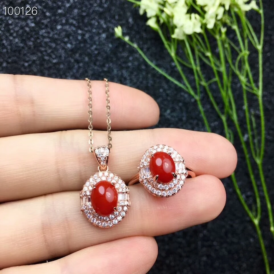 KJJEAXCMY boutique jewels 925 pure silver inlaid natural red coral female ring + pendant suit jewelry support test view 3