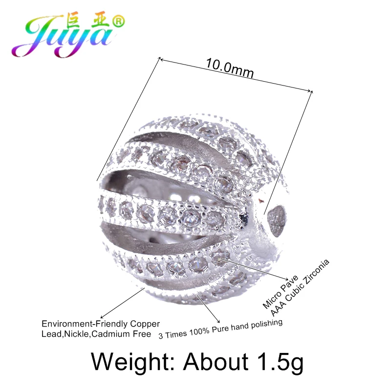 Juya Handmade Women\'s Jewelry Beads Decorative 10mm Beads Micro Pave Zircon Hollow Charm Beads For DIY Earrings Bracelets Making