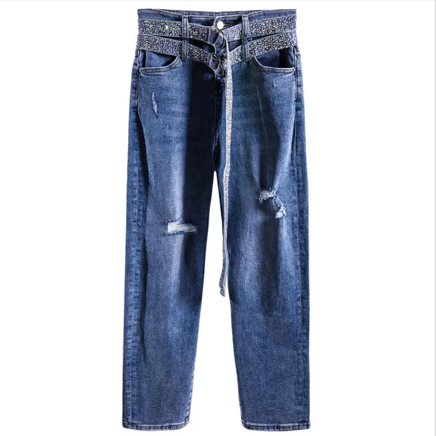 Double deading belt women's Worn out hole Cool Jeans female washed vintage high waist loose denim straight pants trousers wq1882