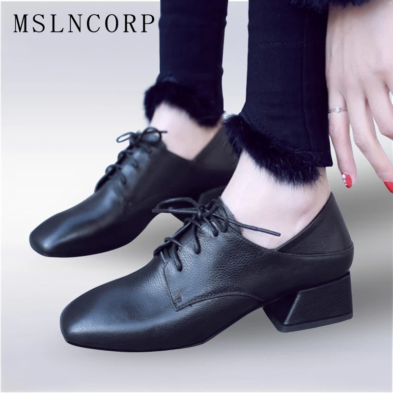 

size 34-43 Spring Autumn New Luxury Brand Women Genuine Leather Shoes Square Heels Femme Zapatos Mujer Lace Up Casual Shoes