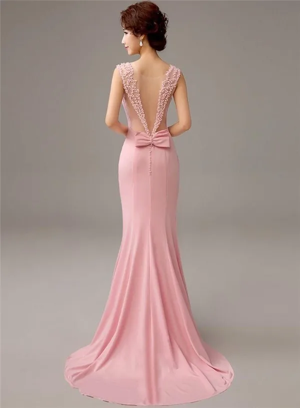 Pretty-vestidos de dama de honor de sirena rosa con perlas y lazo, vestidos de noche formales, vestidos largos de fiesta con tren, nuevo, 2023