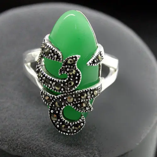 Free shipping Marcasite 11mmX26mm Green stone Inlay 925 Sterling Silver Ring 7/8/9/10