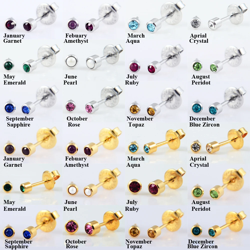 1 Pair Surgical Steel CZ Gem Birthstone Tragus Cartilage Earring Ear Stud Used In Piercing Gun steel & Gold Body Jewelry