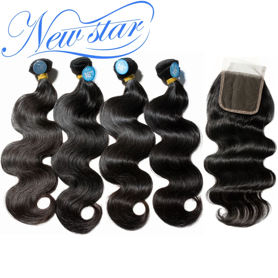 

Brazilian Body Wave 4Bundles With HD 5x5 Closure 10A New Star Virgin Human Hair Weaving Weft And 4x4 Transparent Lace Closure