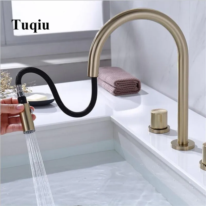 

New Pull out Black /Chrome/brush gold Bathroom Basin Faucet 8 inch Widespread Lavatory Mixer Tap Brass Three Hole Sink tap