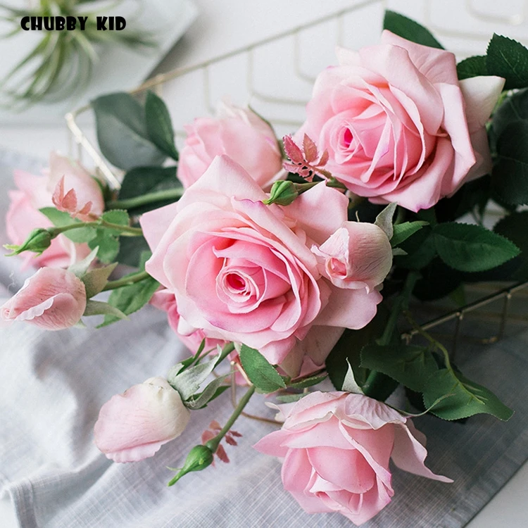 12pcs Real touch 3 head long branch/stem latex rose hand feel / felt high simulation decorative artificial Silicone rose flowers