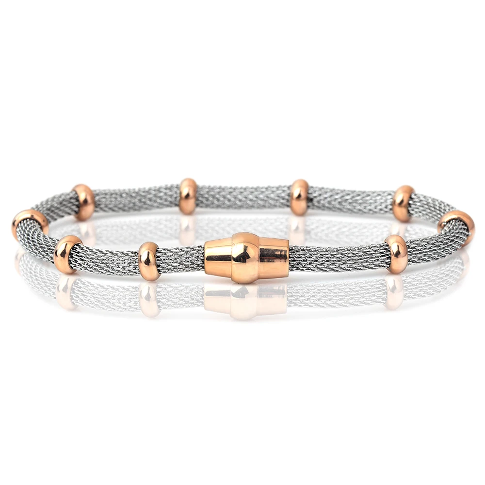 Fashion Cable Stainless Steel Net With Different Color Bead Charm Magnet Clasp Bracelet&Bangle For Women