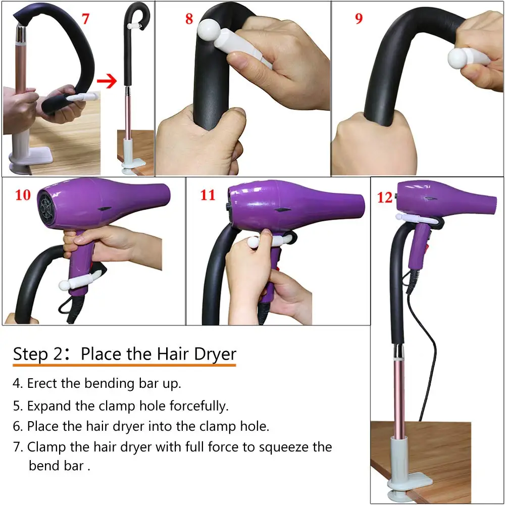 Clamp Mount Hair Dryer Holder, 360 Degrees Rotation, Adjustable, Hands Free, Dog, Cat, Grooming Table Stand, Bracket Clip