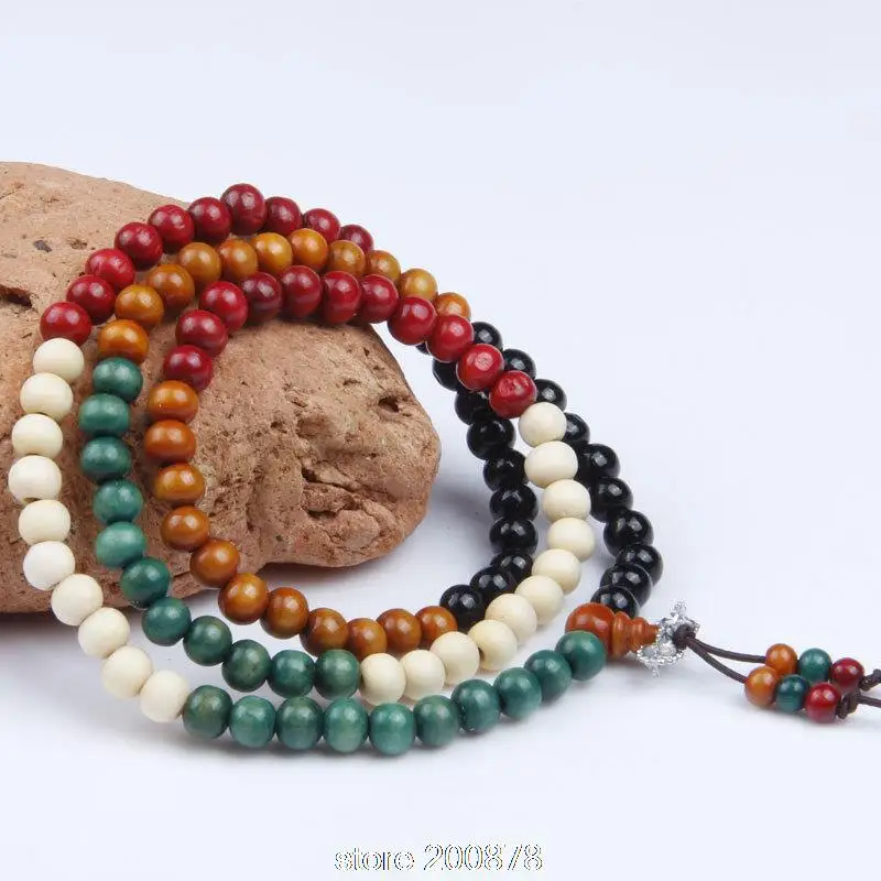 50PCS 8MM Buddhist 5 Elements Colorful Wooden Prayer 108 Beads Malas BRO988 