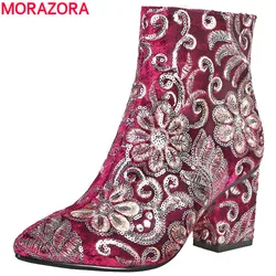 MORAZORA High quality Embroider women boots thick high heels autumn winter boots fashion footwear ladies shoes ankle boots