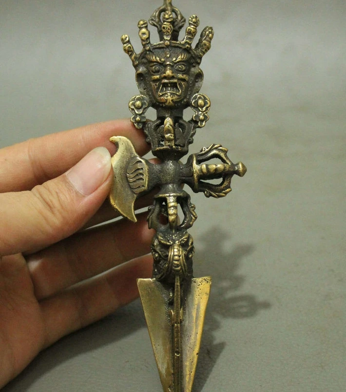 free shipping Tibet Bronze Copper Buddhism Mahakala Head Wrathful Deity Phurba Dagger Holder 15CM