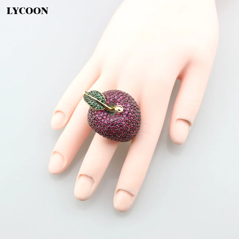 LYCOON elegant crystal apple rings food style yellow gold-color luxury prong setting rose red/green Cubic Zirconia for women