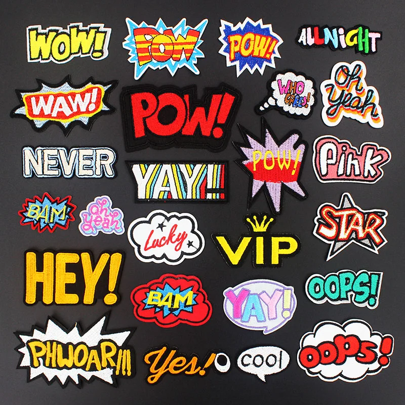 

Popular WOW OOPS POW HEY Oh Yeah Transfer Iron on Patches for Clothing Embroidered Badge Sewing Applique DIY Stickers