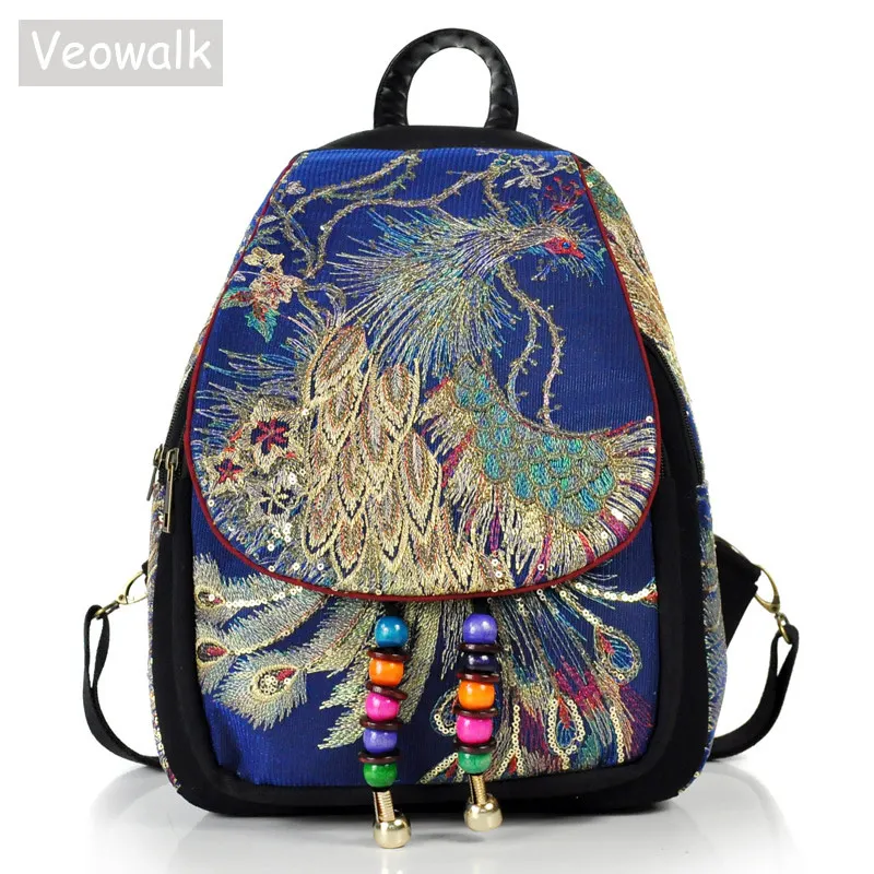 Veowalk Peacock Sequins Embroidered Women\'s Canvas Backpacks, Ladies Floral Rucksacks Woman Small School Back Bag Bagpack