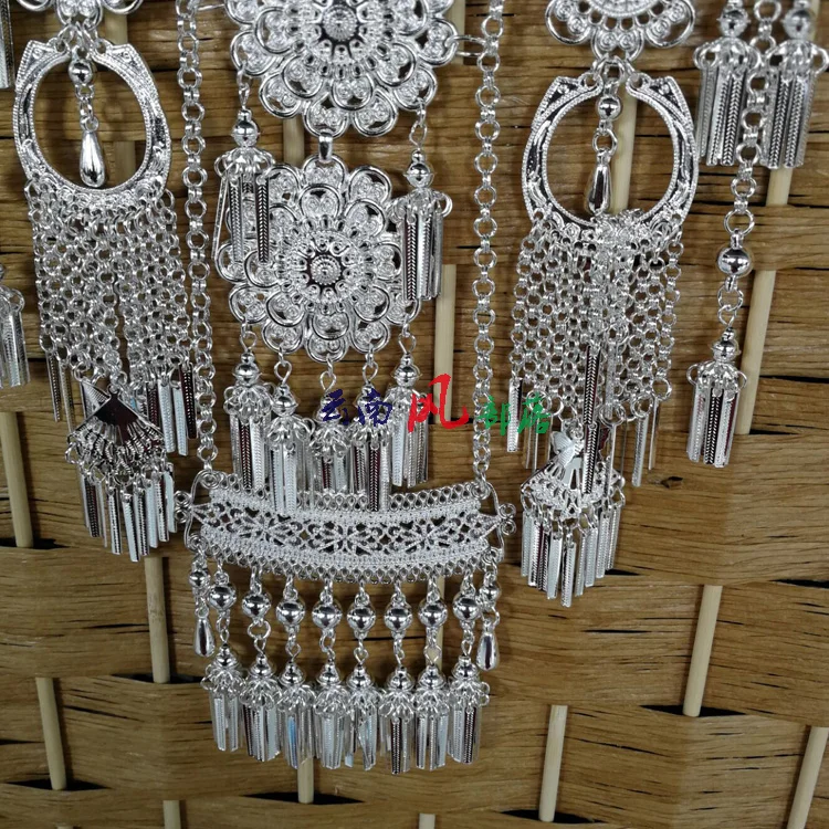 Three Peacocks White Miao Silver Necklace Minority Group Butterfly Tassel Stage Performance Exaggerated Ethnic Accessory