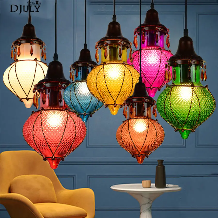 Southeast Asia stained glass retro pendant lights for coffee store Internet cafe vintage dining room hanging lamp loft decor