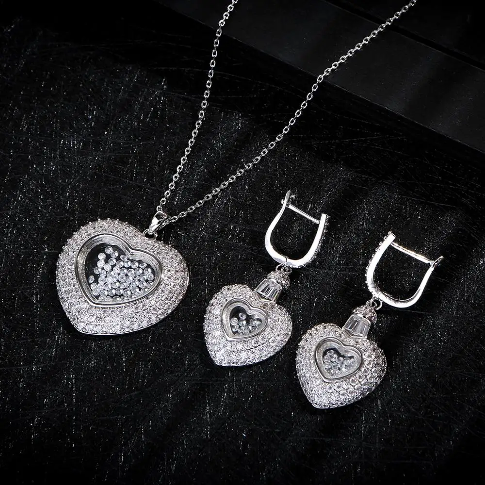 NEW Luxury Heart Pendant Lover\'s  Cubic Zircon CZ  For Women Wedding Dubai Bridal Jewelry Sets D1256