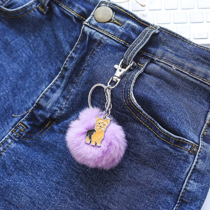 Fashion Key Chain Yorkshire Terrier Lovely Dog Key Ring Pendant Fur Ball POM POM Keychain Charm Bag Pendant Best friend Gift