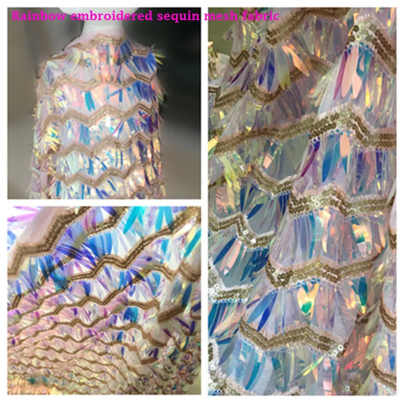 Charming Shining Rainbow Sequins Net fabric Embroidered Wave Tassel Sequins Mesh Fabric DIY Sewing Dress for Nightclub Wide128cm