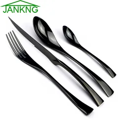 Jankng-ステンレス鋼の食器セット,4個,18/10,黒の食器,ステーキナイフ,フォーク,スプーン,カトラリー,直接配達