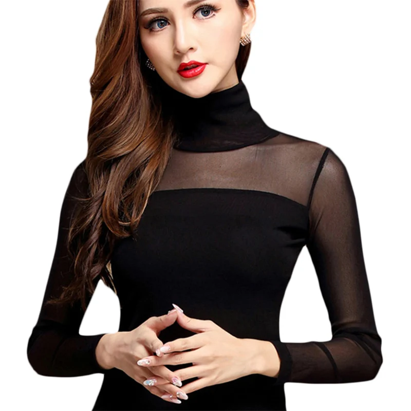 Women Mesh Tops Stretch Blouse Shirt Autumn Winter Sexy Female Blouses Shirts Long Sleeve Woman Fashion Elastic Top Plus Size