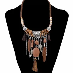 Idealway Handmade Ethnic Blue Brown Feather Pendant Leather Chain Necklaces for Women Bohemian Party Anniversary Tribal Jewelry