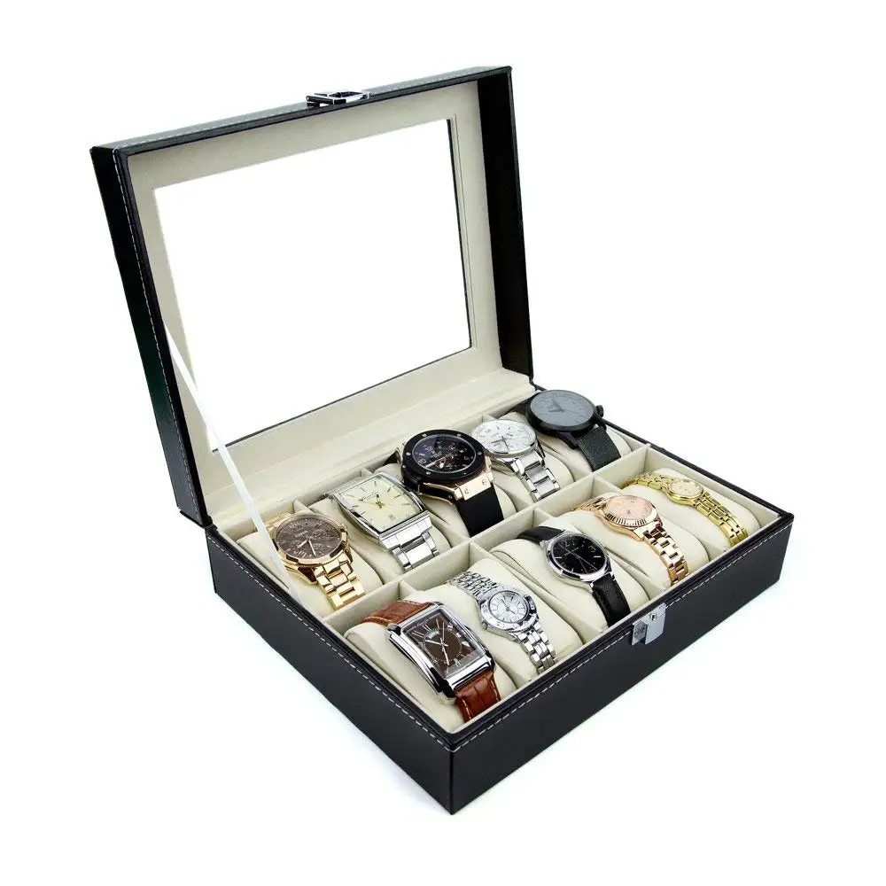 Watch Box Display Case Organizer - 10 Slot Luxury Set with Glass Top Pu Leather Velvet Pillows Metal Lock