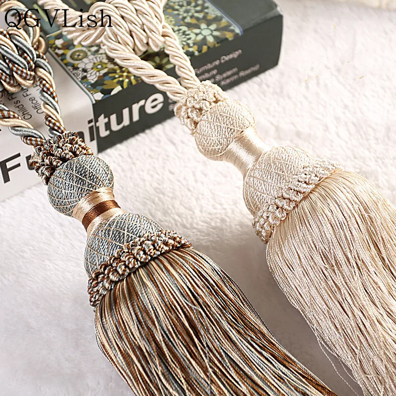 QGVLish 2Pcs Handmade Curtain Hanging Belt Ropes Brush Tiebacks Curtain Buckles Clasp Straps Curtain Accessories Holdback Decor