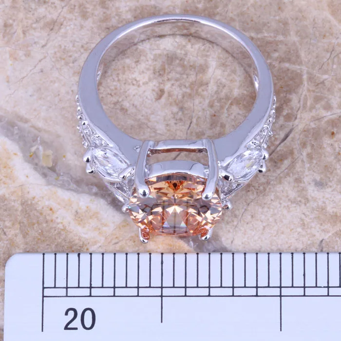 Prominent Champagne Morganite White CZ Silver Plated  Women's Jewelry Ring Size 6 / 7 / 8 / 9 R0795